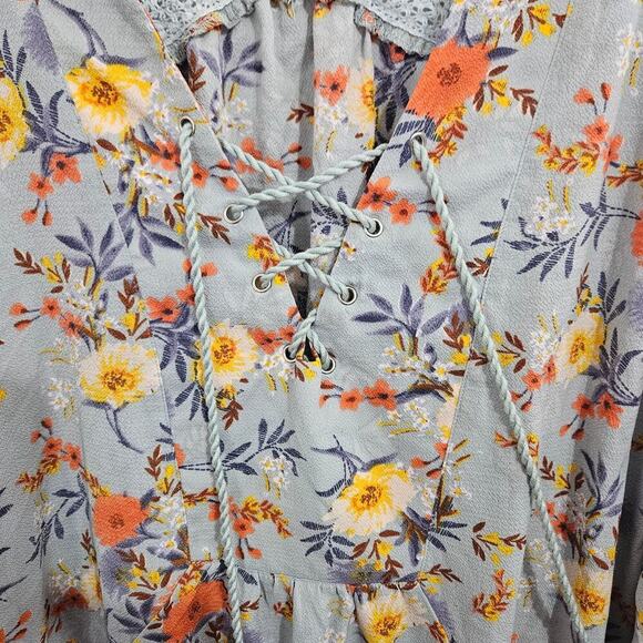 Jodifl Lace Up Blue Floral Dress Size Large Pockets Pull On 3/4 Sleeves - Picture 3 of 8